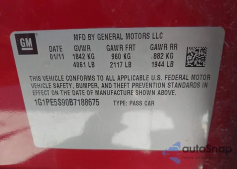 2011 Chevrolet Cruze Lt из США, поврежденный, VIN 1G1PE5S90B7188675